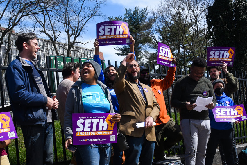 Seth Anderson-Oberman (center) rallies with supporters outside of Germantown High School.