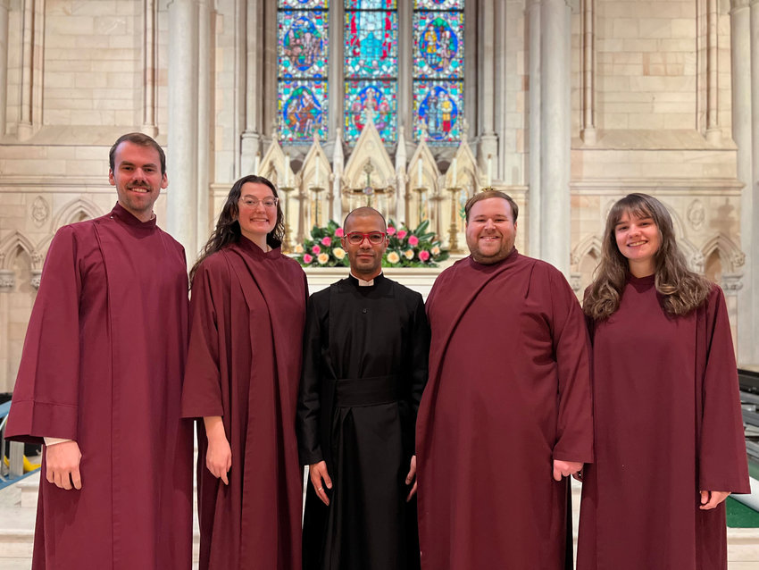 Choir section leaders (from left) Michael Miller, Gillian Booth, Tyrone Whiting (director of music &amp; arts), Aaron Scarberry and Marissa Miller performed Franz Liszt&rsquo;s &ldquo;Via Crucis&rdquo; in observance of Palm Sunday at St. Martin-in-the-Field Episcopal Church.