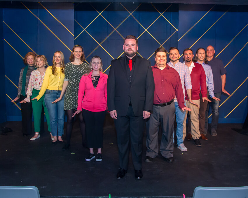 Josh Tull (center) with members of the cast of &ldquo;Company,&rdquo; a 1970 Stephen Sondheim musical. The production runs through May 7 at the Old Academy Players theater in East Falls.