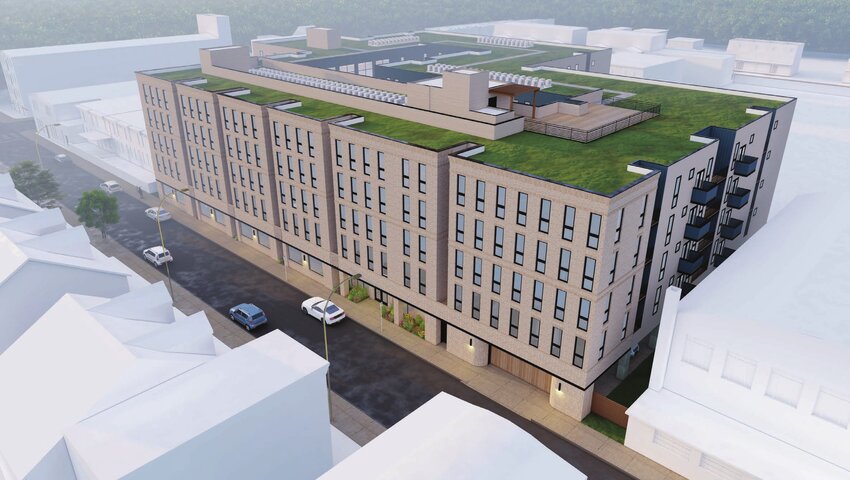 A rendering of the proposed five-story, 148-unit building at 42-68 Church Lane in Germantown.