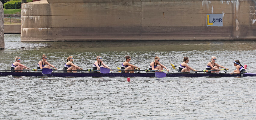 A gold-medal effort by the JV eight (pictured at the finish line) came in the middle of Mount St. Joseph Academy's sweep of the eights finals.