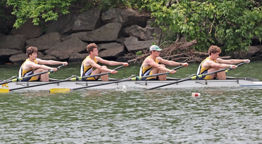 The boys in Penn Charter's senior quad pull alongside Peter's Island on the lower end of the race course.