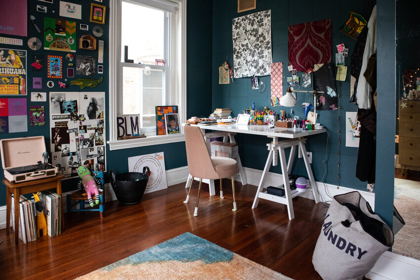 The warm pink walls of my daughter&rsquo;s bedroom became a warm, deep bluish emerald color as she grew older. What was once a child&rsquo;s room now features posters of Mac Miller, Tyler the Creator and art from David Shrigley @shrigshop.