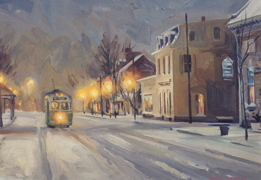 &quot;Winter Lights, Germantown Avenue,&rdquo; an oil painting on panel done by Chestnut Hill artist Paul Rickert in 1997.