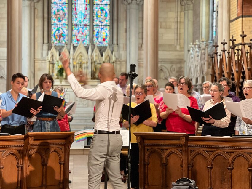 &ldquo;Pride Evensong&rdquo; celebrated at St. Martin-in-the-Fields Episcopal Church in Chestnut Hill Sunday, June 11, featured Tyrone Whiting (center), the parish&rsquo;s director of music and the arts, conducting the parish choir.