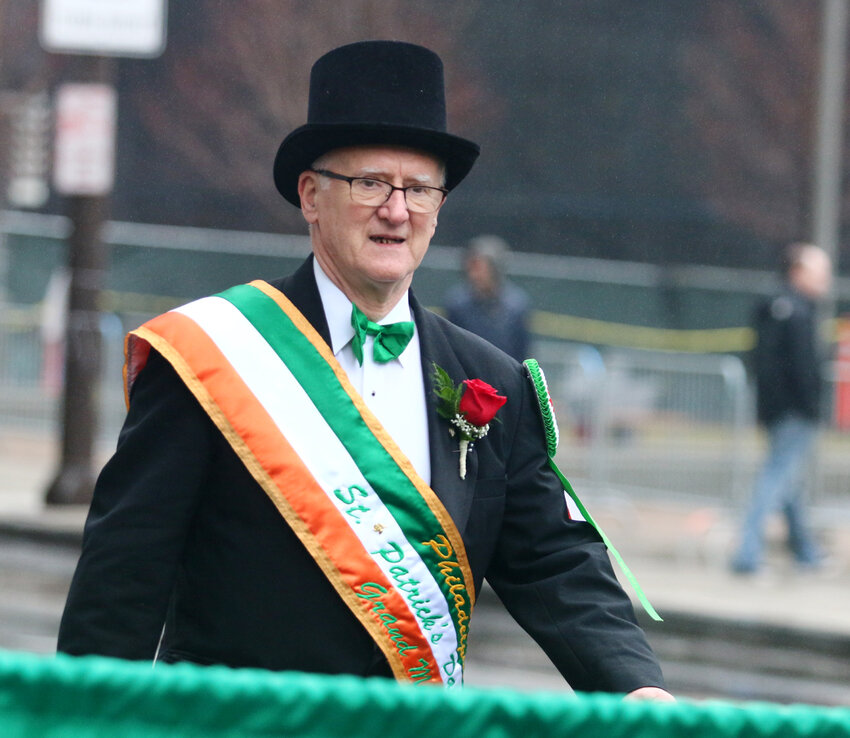 Grand Marshal Sean McMenamin, president of the Irish Center in West Mt. Airy, is pictured leading the St. Patrick&rsquo;s Day Parade in Philadelphia in 2019.