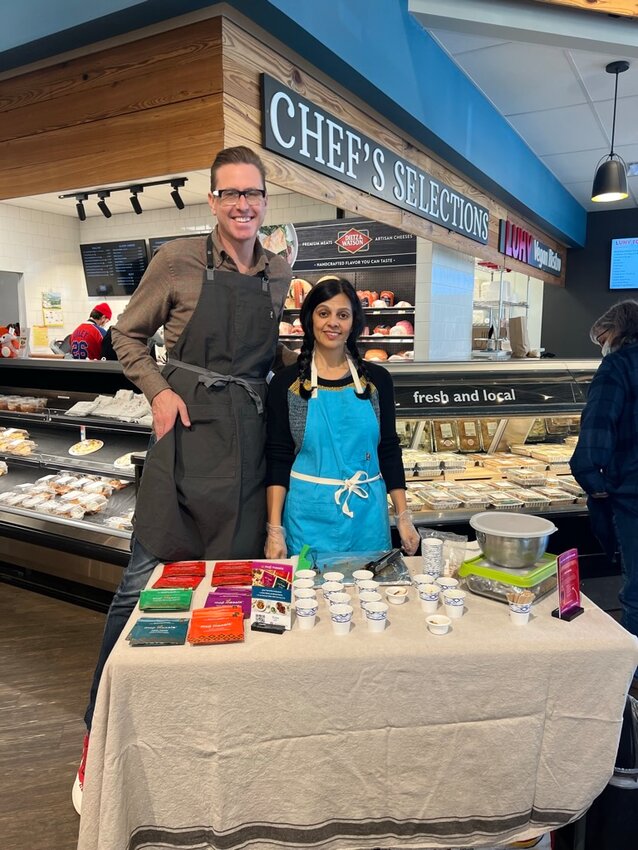 Shireen Qadri (right) and her husband, JD Walsh, moved their spice brand business, moji masala, from Brooklyn to Chestnut Hill in 2022. The couple aims to add something new to the kitchens of families across the community: the ability to make unique Indian dishes at home.