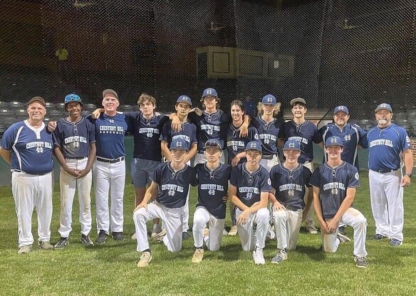 The A team of the Chestnut Hill Youth Sports Club Senior Baseball Program went on to have a 13-2 record in the regular season and made it to the final four of the Connie Mack State Tournament. Pictured here, from left to right are (back row) Louis Cohen (coach), Chris Alston, Brien Tilley (coach), Branden Tilley, Macon Loew, Chris Cavalcante, Grayson Quinn, River Carangi, Anderson Kerper, Mark McGoldrick (coach), and Happ Capoferri (coach). In the front row are Owen Hackford, John Weaver, Harry Nolen, Matthew Caruso, and Charlie Morris.