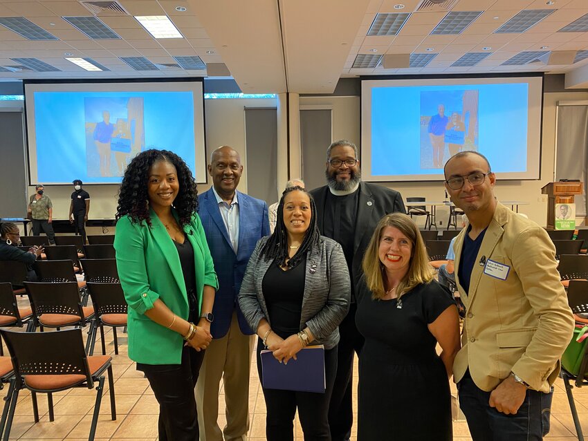 (From left) Cherri Gregg from WHYY; U.S. Congressman Dwight Evans; Kadida Kenner, CEO of the New Pennsylvania Project; Bishop Dwayne Royster of POWER Interfaith; Lena Zwarensteyn, senior director of the fair courts program at The Leadership Conference on Civil and Human Rights; and Saleem Holbrook, executive director of the Abolitionist Law Center and Straight Ahead at the United Lutheran Seminary for federal court discussion.