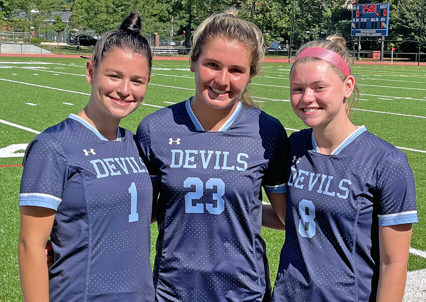 The SCH soccer captains for 2023 are (from left) seniors Abby Udowenko, Alex Reilly and Brynn Donohue.