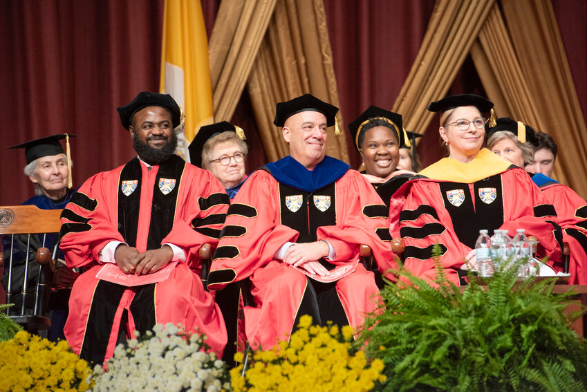 Members of the inauguration platform party included (from left to right) Sister Matthew Anita MacDonald; Wallace Weaver, representing State Senator Art Haywood; former president Sister Carol Jean Vale, Ph.D.; new president William W. Latimer, Ph.D., M.P.H.; Qiana Brown, Ph.D., M.S.W., M.P.H.; and Catherine Lockyer Moulton, chair of the college's board of directors.