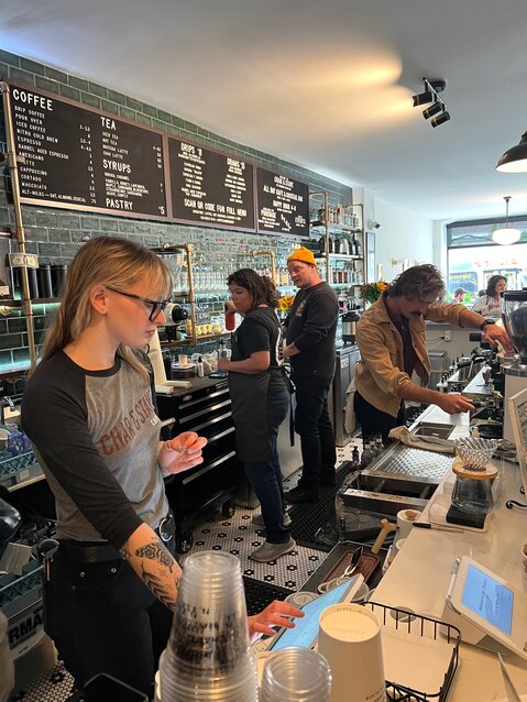 The room was humming at Char &amp; Stave&rsquo;s new coffee and whiskey bar on Friday, opening day for Chestnut Hill&rsquo;s newest attraction.