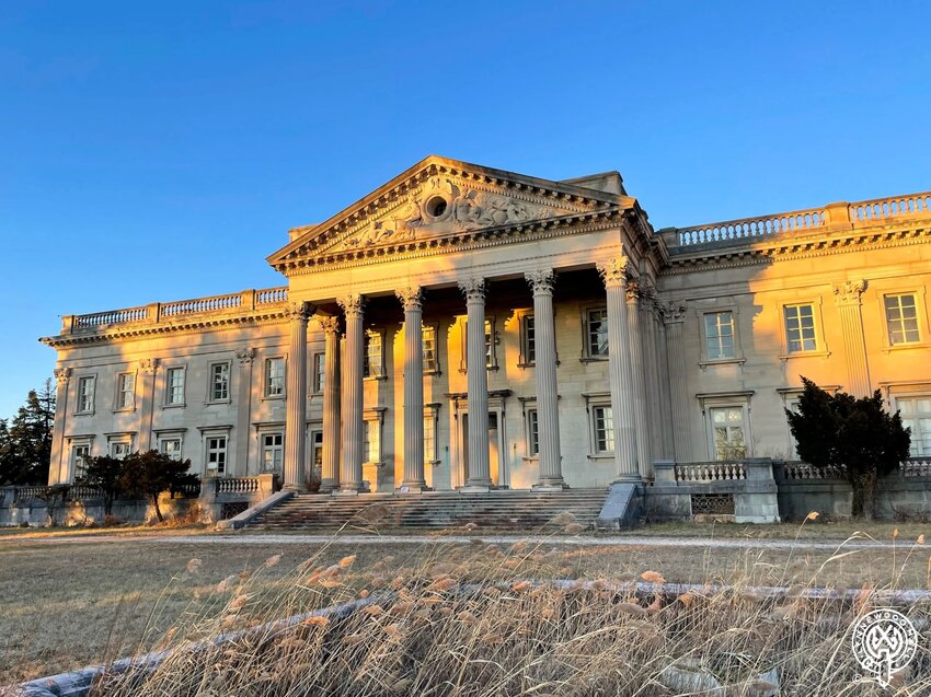 The limestone facade of Lynnewood Hall is a perfect expression of the grandiosity of the Gilded Age.