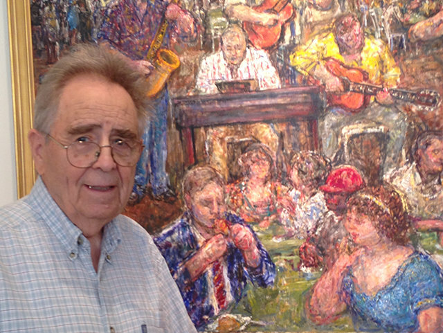 Cohn, who has been painting for more than 80 years, in front of one of his Impressionistic works.