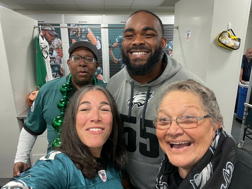 Windfall Gallery owner Cynthia Fillmore, her mother Marie Nee and Terrence Speights, a friend of her mother, met a variety of Eagles players, including defensive end Brandon Graham (pictured here), during their trip to the NovaCare Complex on Nov. 1.