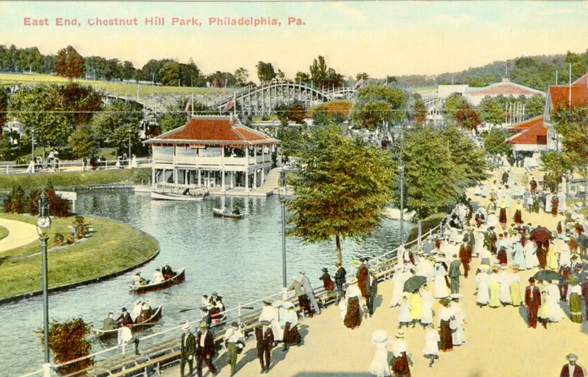 &ldquo;A Ticket to Ride: Chestnut Hill Amusement Park&rdquo; will be the subject of an entertaining history of the park at the Ambler Theater on Sunday, Nov. 12. Seen here is the amusement park's lake and promenade on a postcard, circa 1905. The lake still exists today as Hillcrest Pond.