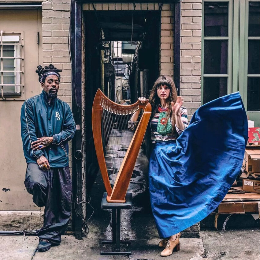 Rap artist Kuf Knotz (left) will perform with harpist Christine Elise at the Allens Lane Art Center&rsquo;s &ldquo;Salute to Hip-Hop&rsquo;s 50th with R&amp;B&rdquo; at 7 p.m., Saturday, Nov. 18.