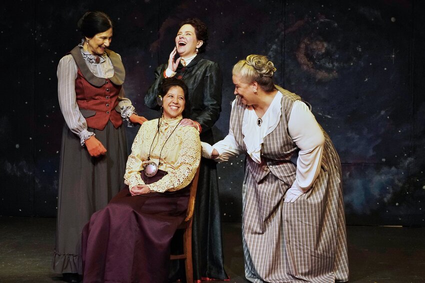 In Silent Sky, Andrea Ong (seated) plays Henrietta, while Stacy Skinner (left) plays Annie, Leah O&rsquo;Hara plays Margaret (center) and Krishna Dunston (right) plays Willamina.