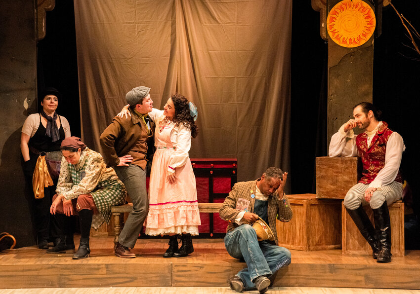 From left to right, Karen Getz as The Mute, Eleni Delopoulos as The Boy's Parent (Hucklebee), Brandon Walters as The Boy (Matt), Raffaela Cicchetti as The Girl (Luisa), Steven Wright as The Girl's Parent (Bellomy) and Kevin Toniazzo-Naughton as The Narrator (El Gallo).