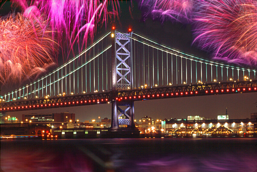 The Delaware River Waterfront, which features a spectacular view of the Benjamin Franklin Bridge, is one of the best locations to watch New Year's Eve fireworks  in the city.