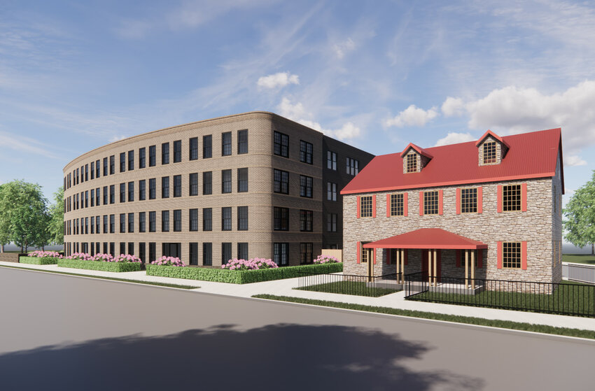 A rendering of a portion of the proposed new building at 6915 Germantown Ave., which would wrap around behind the historic building seen here to front Gorgas Lane.