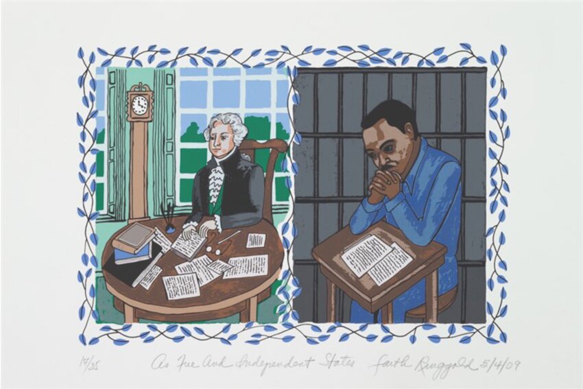 Faith Ringgold, who is now 93, painted this piece, &ldquo;As Free and Independent States,&rdquo; which depicts Thomas Jefferson's writing of the Declaration of Independence right next to Martin Luther King's &ldquo;Letter from a Birmingham Jail.&rdquo;