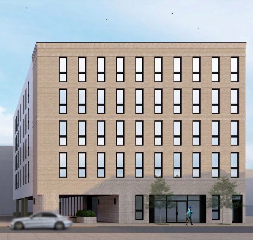 Olympia Holding&rsquo;s proposed five-story building would rise behind the brick Germantown Historical Society, which sits on the edge of the neighborhood&rsquo;s 18th-century market square.