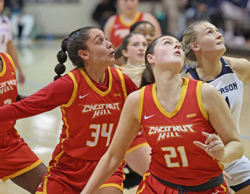 Chestnut Hill's Bri Rider (left) and Emily Sekerak, along with Jefferson's Sam Yencha (right), all look to go after a rebound.