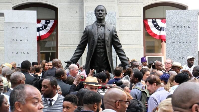 Crowds surround statue of Octavius Catto during 2017 unveiling outside City Hall.