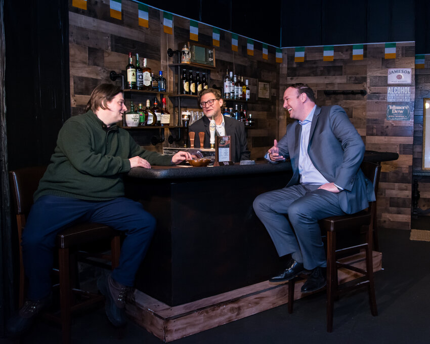 Vail Gualtieri, Stephen Negro and Ryan Kirchner (from left) chat in a scene from Conor McPherson&rsquo;s &ldquo;The Weir,&rdquo; running through March 17 at Old Academy Players in East Falls.