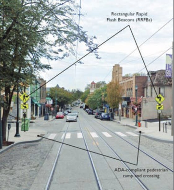 A diagram shows proposed pedestrian safety improvements at the intersection of Germantown Avenue with East and West Durham streets.