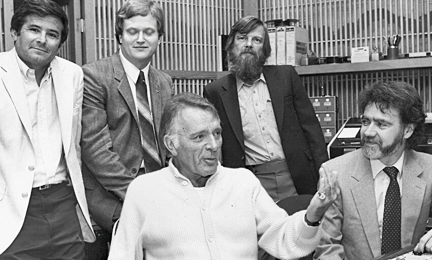 Then-movie star Richard Burton is seen here at the Sigma Sound Studios at 212 N. 12th St. (it is not there anymore) in 1984 to do the narration for a documentary about brain injury rehabilitation. The other men in the photo were involved in the making of the documentary.