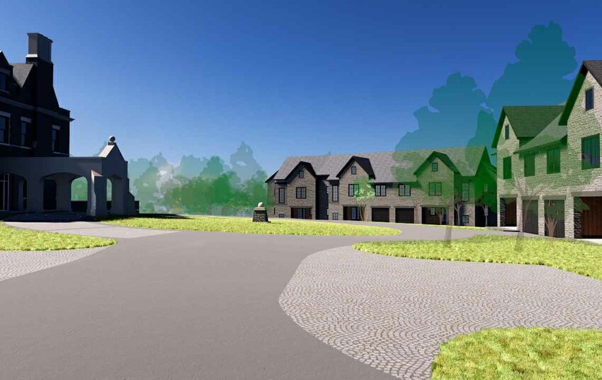A rendering presented by the development team, which shows Greylock (left), a proposed triplex (center) and duplex (far right). Another proposed duplex is out of view.