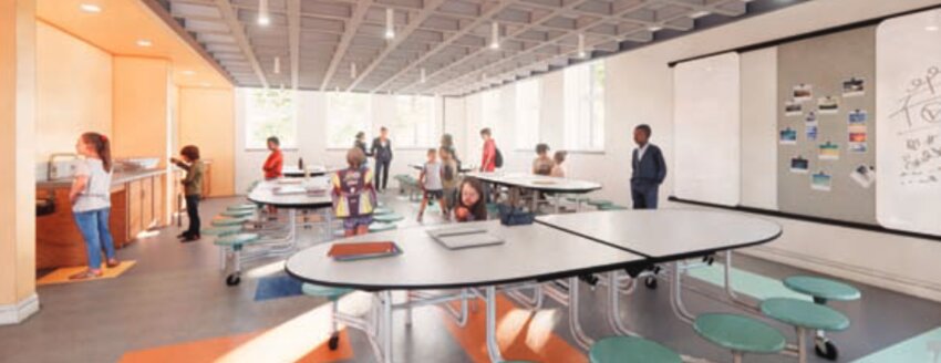 The cafeteria in OMC&rsquo;s new school building is a particular favorite of Michael Pavelsky, parent of an OMC eighth grader and architect with the firm that created the design of the building&rsquo;s new interior.