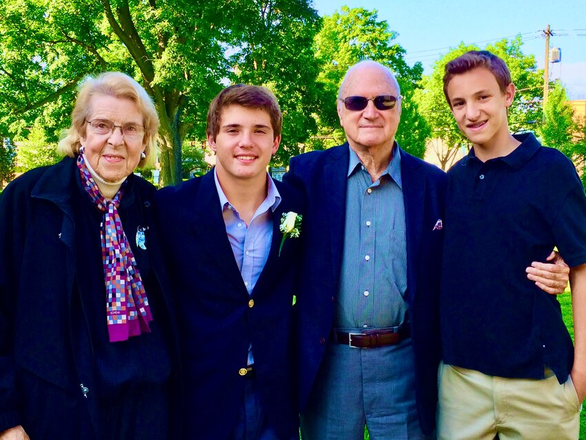 Eve Oshtry is seen in 2017 with her husband of 68 years, Norman, and grandsons, Ezra (second from left), now 25, and Sam, now 23 (far right). Norman died in June of 2022 at age 96, and Eve died Feb. 24 of this year at age 94.