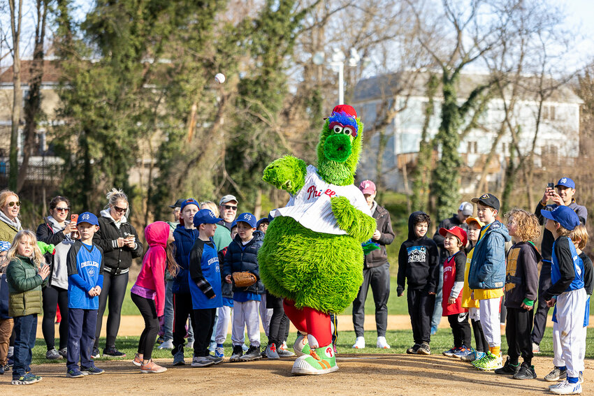 The Phillie Phanatic tossed the first pitch for opening day at Chestnut Hill Youth Sports Club&rsquo;s Junior Baseball on Saturday, a morning that also featured music by DJ Jared and a Phillies tickets raffle.