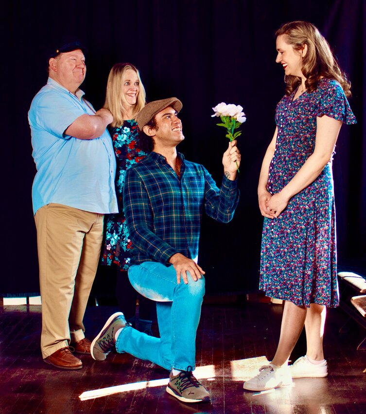 Tom Keels (from left), Janet Wasser, Samuel Fernandez and Samantha Simpson star in &ldquo;The Trouble with Harry,&rdquo; now at Allens Lane Theatre through April 21. For reservations: allenslane.org.