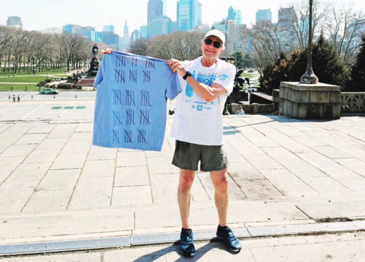 Mt. Airy resident Frank DiIorio ran/fast-walked up and down the Philadelphia Art Museum's 72 steps 72 times in a row on March 14 to celebrate his 72nd birthday.