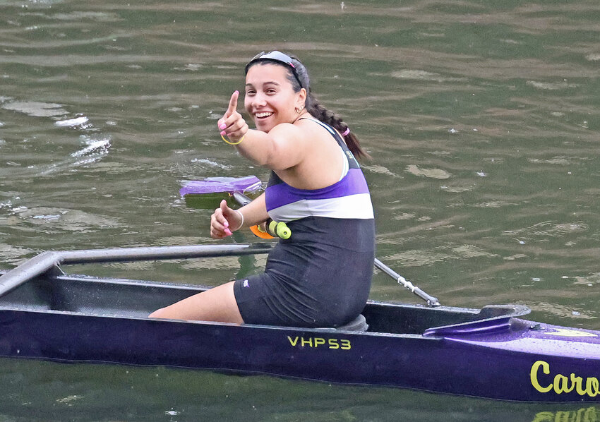 Bow rower Ellie Fazio and her crewmates in the Mount senior eight won the gold medal in the final race of the 2024 Stotesbury Cup Regatta. Photo by Tom Utescher