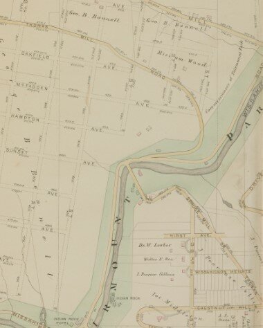 Thomas Mill Road is shown running from upper left to lower right, as published in an 1885 atlas by G. M. Hopkins.