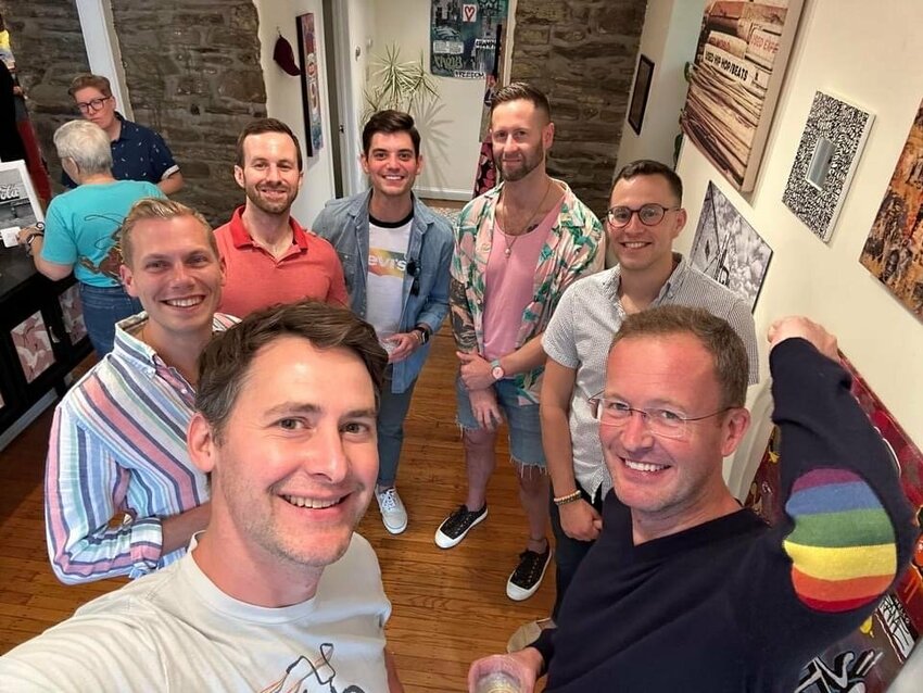 This year, Chestnut Hill will celebrate its second community Pride party, 5  to 8 p.m., June 22, at NoName Gallery on Germantown Avenue. Celebrating at  last year&rsquo;s first-ever party (above) were Alexander Burns and Scott O'Barr in the  front, and in back, from left to right, are Austin Williams, Levi Schy, Thomas  Bergstrom (also a CHCA board member), Daniel Krewson and Brandon Sargent.  In the background is Amy Wilson, executive director of Friends of Chestnut Hill  Library.