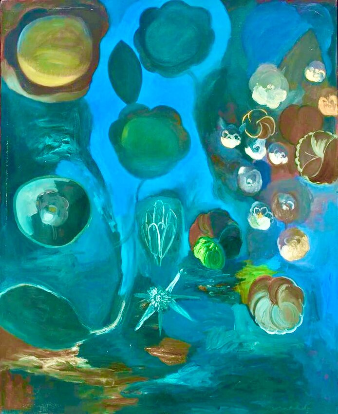 &ldquo;Floribunda,&rdquo; oil on canvas, 68&rdquo; x 56,&rdquo; 1991, displays Batchelor's whimsical imagination.