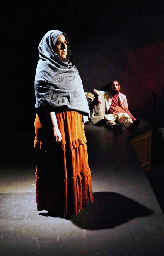 Jen Allegra as Henrietta Iscariot with her son Judas, portrayed by Geremy Webne-Behrman, in a scene from The Stagecrafters Theater&rsquo;s production of &ldquo;The Last Days of Judas Iscariot.&rdquo;