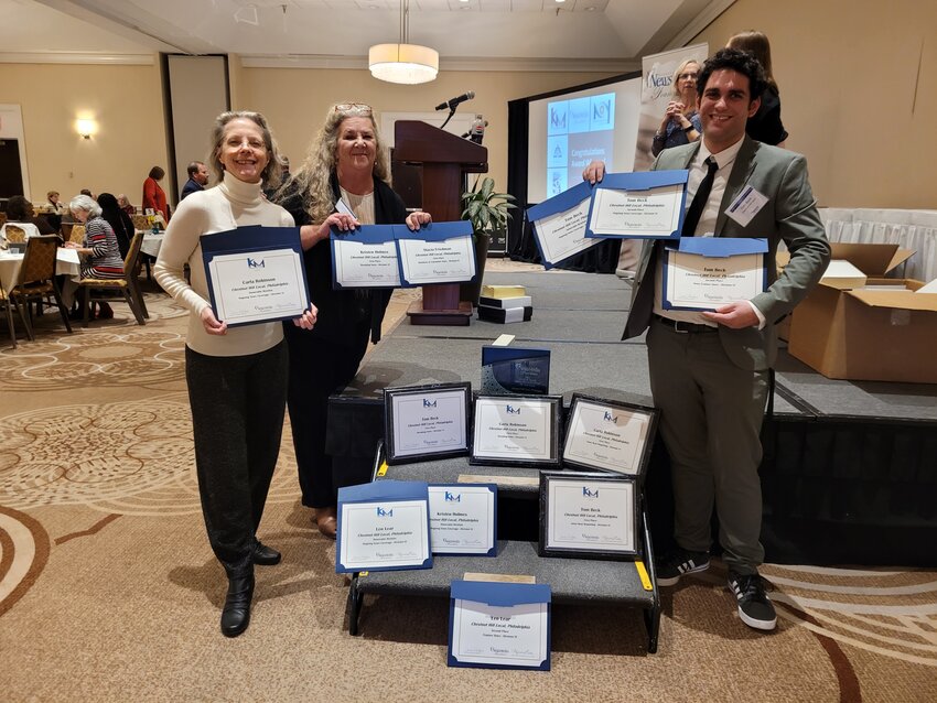 Among this year's Local winners are several who won last year as well, shown here at the 2023 awards ceremony. Left to right, they are editor Carla Robinson; Leisha Shaffer, the Local&rsquo;s sales and marketing manager; and former reporter Tom Beck. The 2024 Keystone Media Awards will be presented in the fall in Harrisburg.