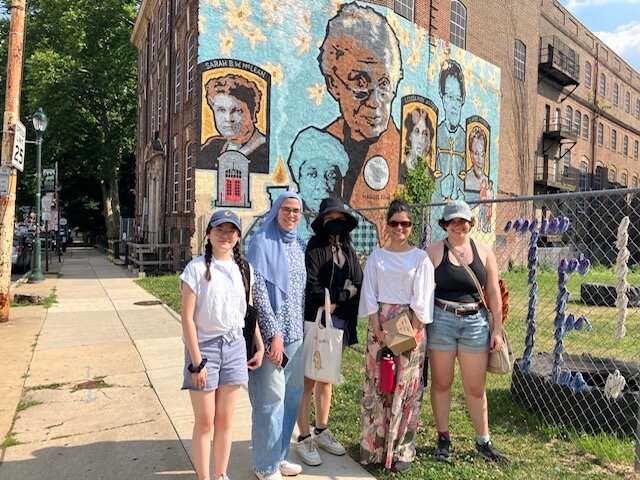 Bryn Mawr College students exploring the Germantown YWCA's history include (from left) Fiona Shen, Nada Elshafey, Anna Nguyen, Isbah Ameer and Emma Dermansky.