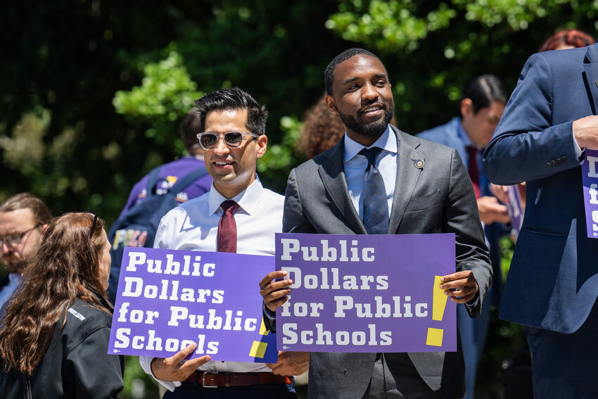 State Rep. Tarik Khan (left) with State Rep. Anthony Bellmon at a June 10 public school funding rally in Harrisburg.
