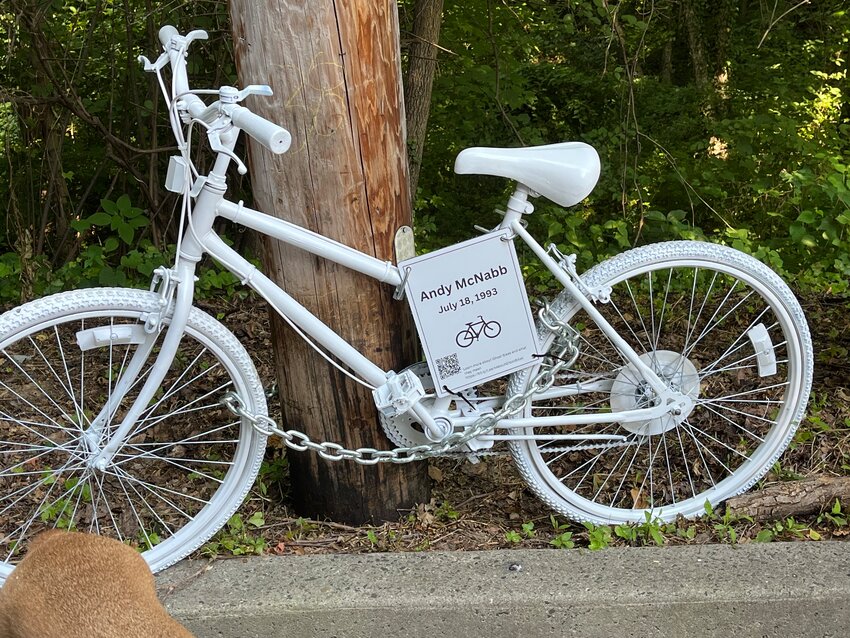 The memorial, parked on Kitchens Lane along the edge of the Wissahickon Park, honors Andy McNabb, a sculptor and architect who was killed on this spot in 1993.