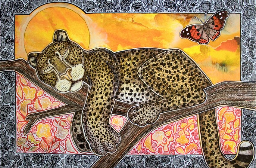 &ldquo;Sleeping Leopard,&rdquo; by Lynnette Shelley, is a 24&rdquo; x 36&rdquo; ink and acrylic on wood panel work of art.