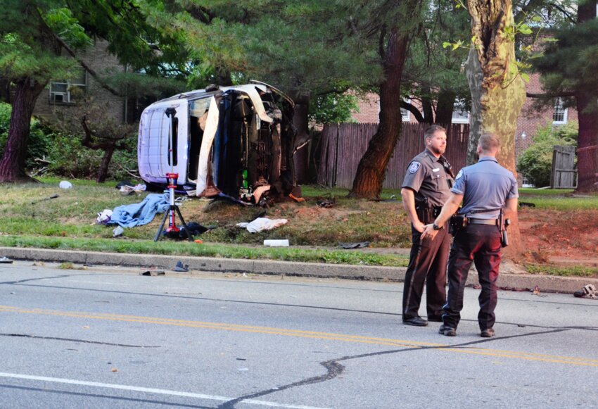 A medevac helicopter and multiple emergency responders were called to the scene of the fatal car crash at the intersection of Stenton and E. Evergreen avenues early Monday. Photo by Jeff Meade