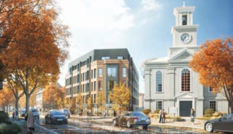 An architectural rendering of a proposed five-story, 33-unit apartment building for 10 Bethlehem Pike, now being challenged by neighbors and the Chestnut Hill Community Association.